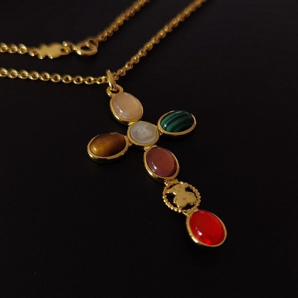 Tous Silver-Gold-Plated Cross Colored Gemstone Necklace - Picture 7 of 9